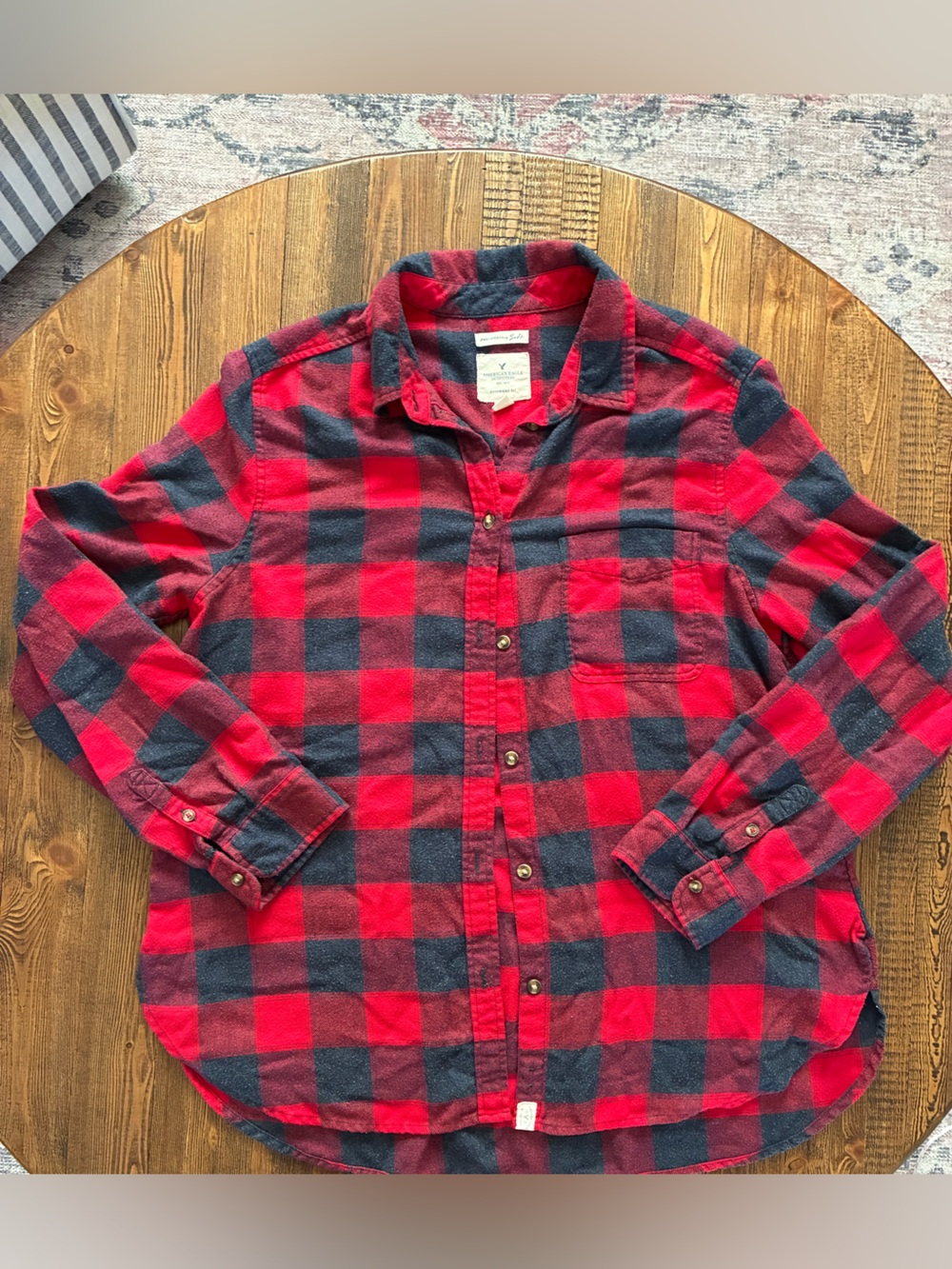 American Eagle Outfitters Red and Black Plaid Flannel Button-Down Shirt